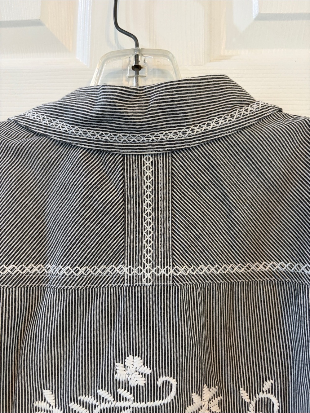 Denim & Co Gray Pinstripe Button-Down Shirt with White Floral Embroidery - Picture 6 of 8